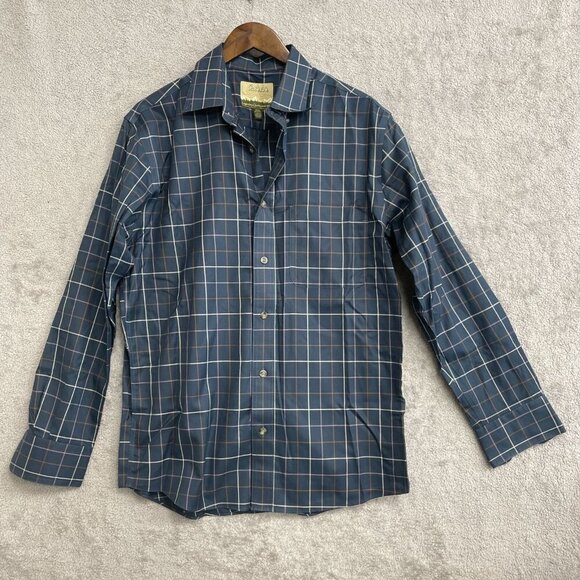 Cabela's Men's M Plaid Button-Up Shirt Regular Fit 100% Cotton Navy & Brown - Picture 1 of 6